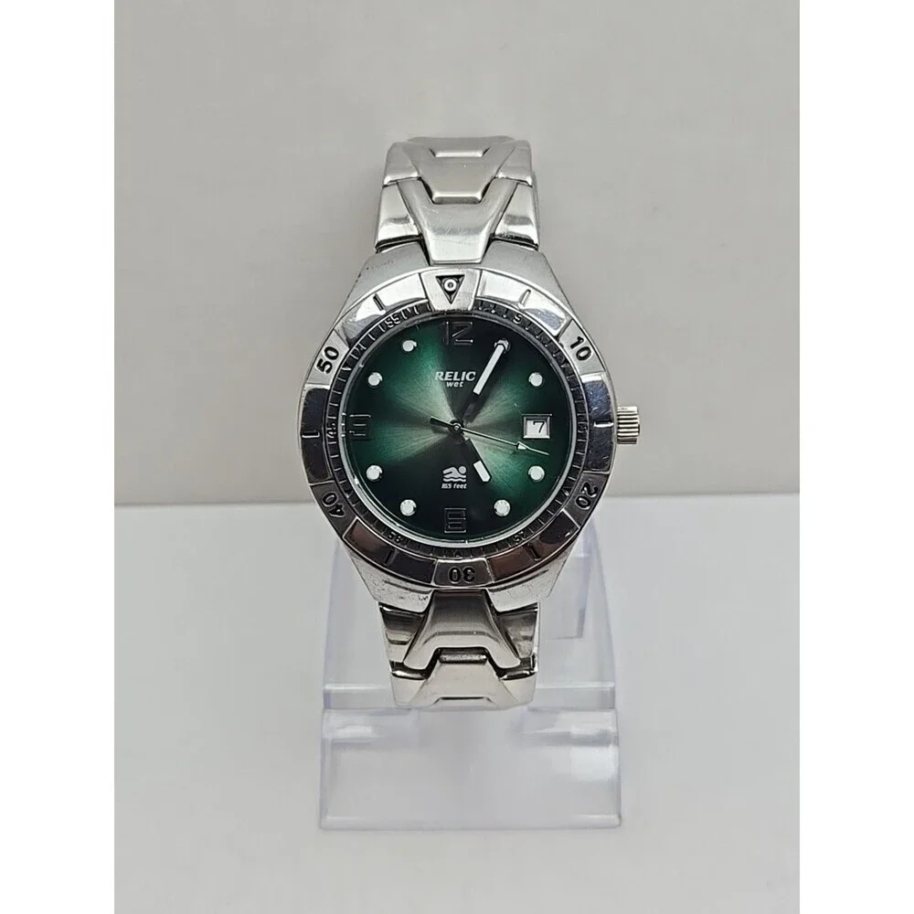 Relic Wet by Fossil Mens Green Dial Silver Stainless Date Watch New Battery 50M